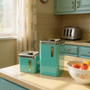 Vintage 1950’s Set of 2 Stackable Turquoise Blue Metal Canisters